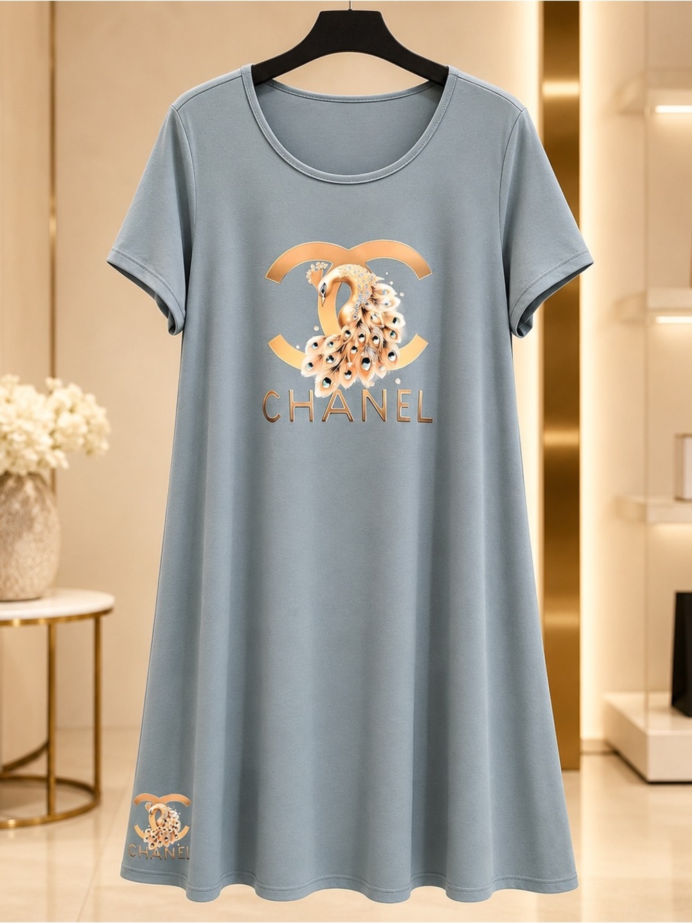 Light Blue Logo Tee Dress with Gold Peacock Graphic
